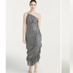 Cinq à Sept Christel One Shoulder 100% Silk Dress Black White Ruched